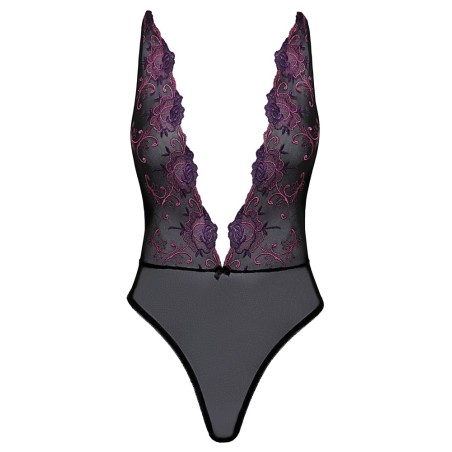 Body extra scollato di kissable realizzato in pregiato powernet nero con intricati ricami floreali