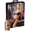 COORDINATO REGGISENO E TANGA IN PIZZO NERO E RICAMI ROSA