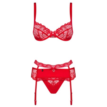 Reggiseno reggicalze e perizoma rio in un set di seduzione in 3 pezzi con pizzo nobile e gioielli scintillanti di strass